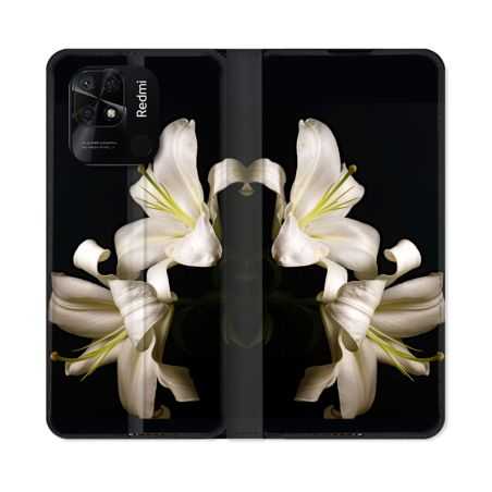Housse cuir portefeuille Pour Xiaomi Redmi 10C Fleur Lys Noir
