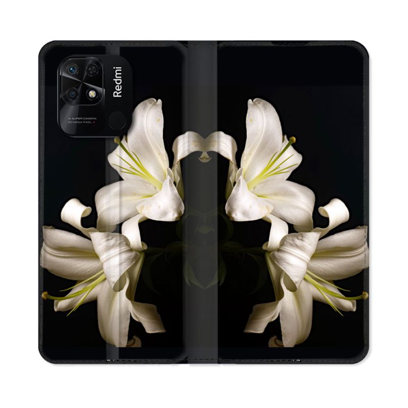 Housse cuir portefeuille Pour Xiaomi Redmi 10C Fleur Lys Noir