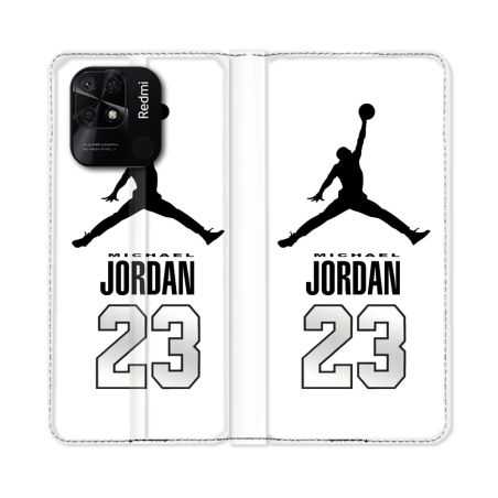 Housse cuir portefeuille Pour Xiaomi Redmi 10C Jordan 23 Blanc