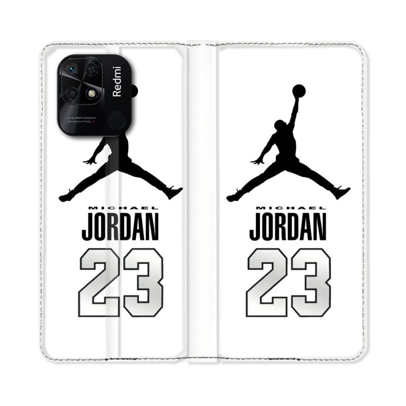 Housse cuir portefeuille Pour Xiaomi Redmi 10C Jordan 23 Blanc