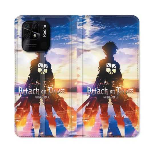 Housse cuir portefeuille Pour Xiaomi Redmi 10C Manga Attaque Titans Soleil