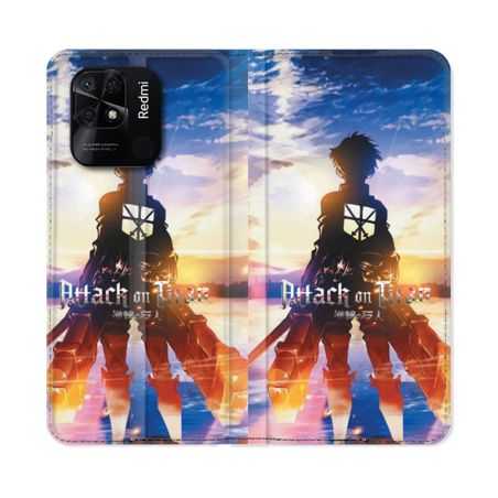 Housse cuir portefeuille Pour Xiaomi Redmi 10C Manga Attaque Titans Soleil