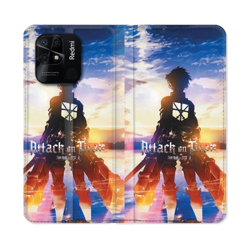 Housse cuir portefeuille Pour Xiaomi Redmi 10C Manga Attaque Titans Soleil