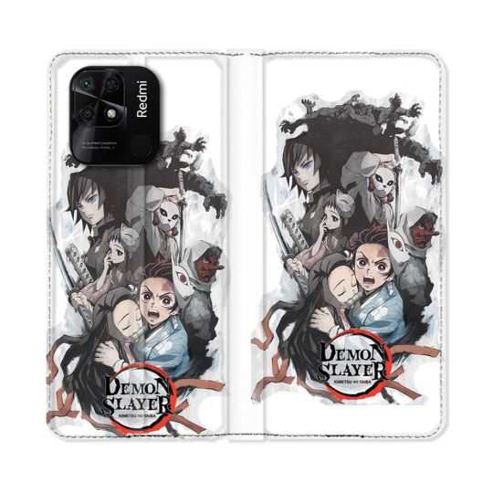 Housse cuir portefeuille Pour Xiaomi Redmi 10C Manga Demon Slayer Blanc