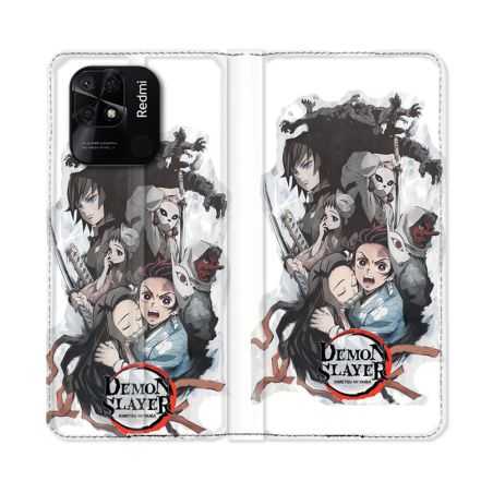 Housse cuir portefeuille Pour Xiaomi Redmi 10C Manga Demon Slayer Blanc