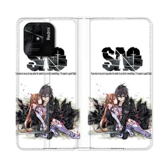 Housse cuir portefeuille Pour Xiaomi Redmi 10C Manga SAO sword Art Online Blanc