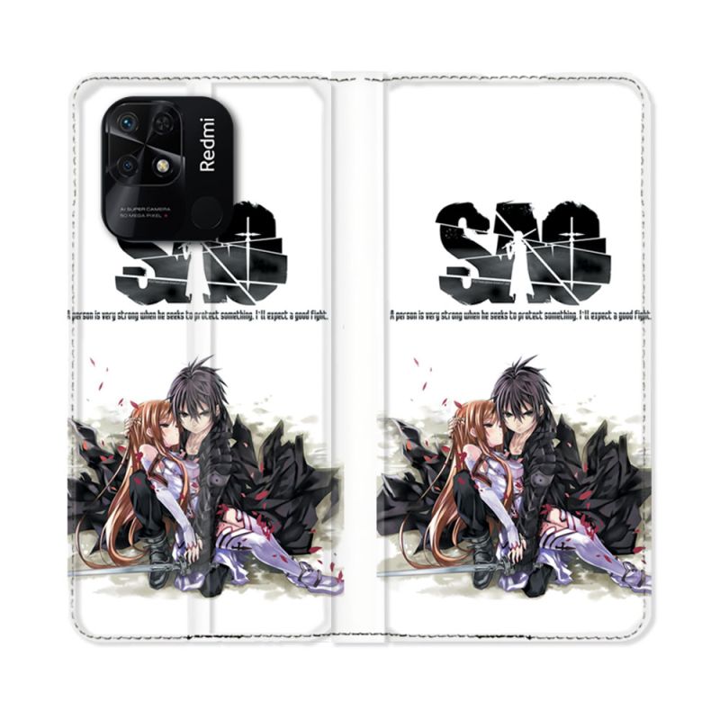 Housse cuir portefeuille Pour Xiaomi Redmi 10C Manga SAO sword Art Online Blanc