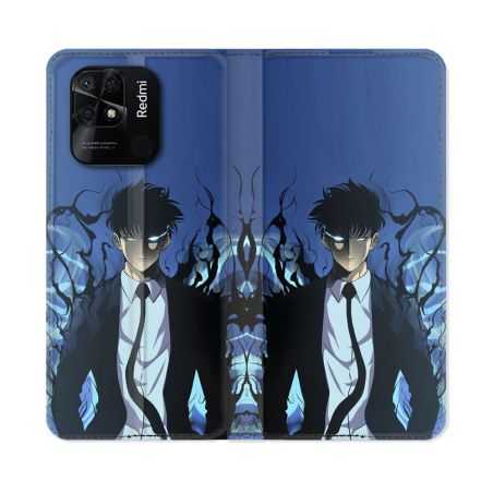 Housse cuir portefeuille Pour Xiaomi Redmi 10C Manga Solo Leveling Sung Bleu