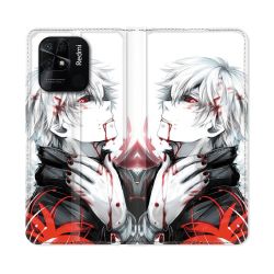 Housse cuir portefeuille Pour Xiaomi Redmi 10C Manga Tokyo Ghoul Kaneki Blanc