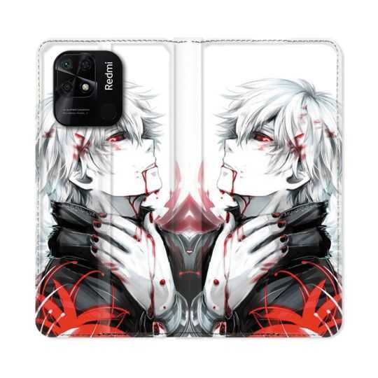Housse cuir portefeuille Pour Xiaomi Redmi 10C Manga Tokyo Ghoul Kaneki Blanc