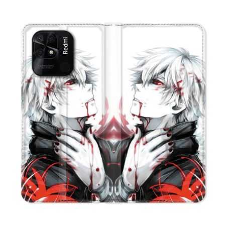 Housse cuir portefeuille Pour Xiaomi Redmi 10C Manga Tokyo Ghoul Kaneki Blanc