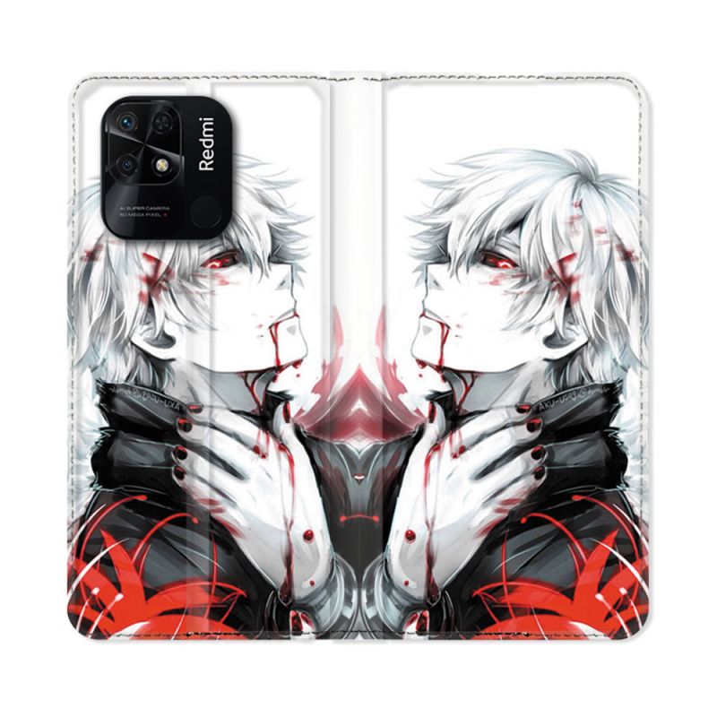Housse cuir portefeuille Pour Xiaomi Redmi 10C Manga Tokyo Ghoul Kaneki Blanc