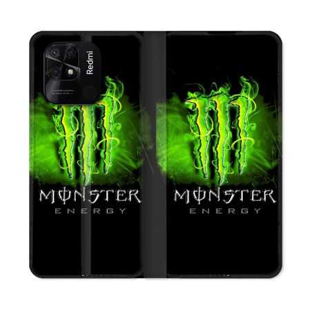 Housse cuir portefeuille Pour Xiaomi Redmi 10C Monster Energy Vert
