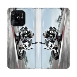 Housse cuir portefeuille Pour Xiaomi Redmi 10C Moto Course GP Blanche
