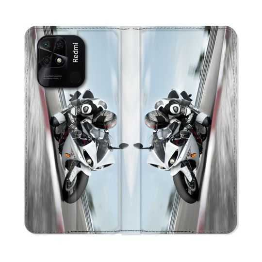 Housse cuir portefeuille Pour Xiaomi Redmi 10C Moto Course GP Blanche