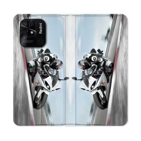 Housse cuir portefeuille Pour Xiaomi Redmi 10C Moto Course GP Blanche