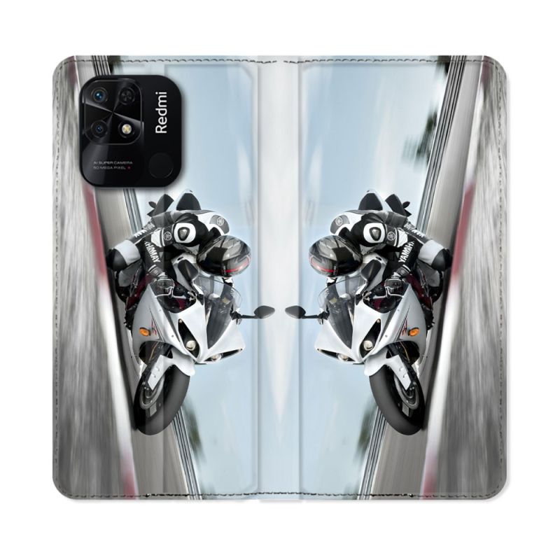 Housse cuir portefeuille Pour Xiaomi Redmi 10C Moto Course GP Blanche