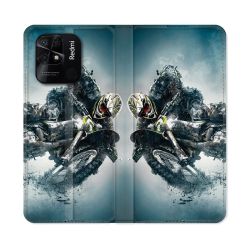 Housse cuir portefeuille Pour Xiaomi Redmi 10C Moto Cross Ombre