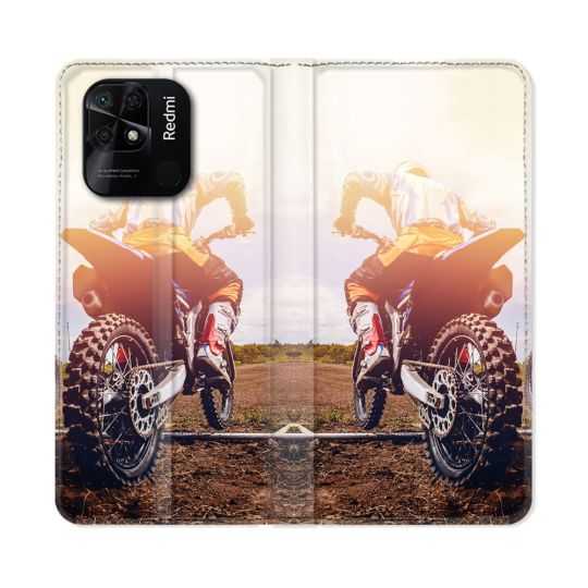 Housse cuir portefeuille Pour Xiaomi Redmi 10C Moto Cross Soleil