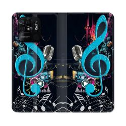 Housse cuir portefeuille Pour Xiaomi Redmi 10C Musique Cle Sol Bleu