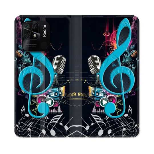 Housse cuir portefeuille Pour Xiaomi Redmi 10C Musique Cle Sol Bleu