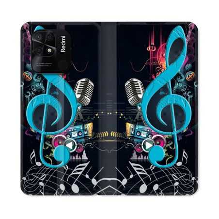 Housse cuir portefeuille Pour Xiaomi Redmi 10C Musique Cle Sol Bleu