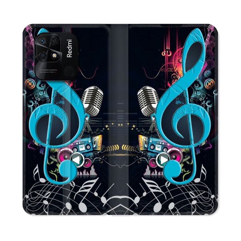 Housse cuir portefeuille Pour Xiaomi Redmi 10C Musique Cle Sol Bleu