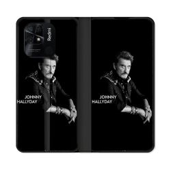 Housse cuir portefeuille Pour Xiaomi Redmi 10C Musique Johnny Hallyday Noir