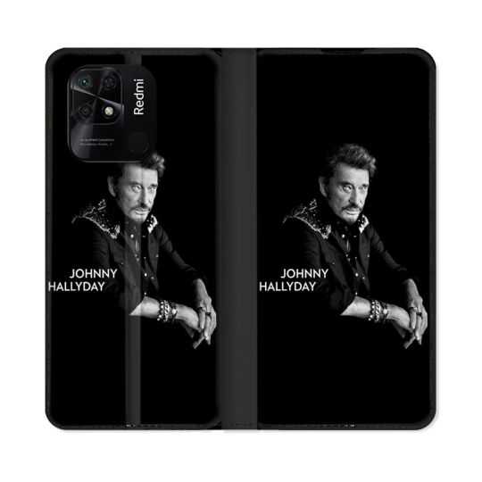 Housse cuir portefeuille Pour Xiaomi Redmi 10C Musique Johnny Hallyday Noir