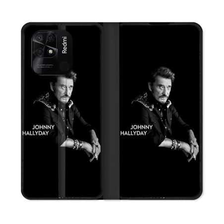 Housse cuir portefeuille Pour Xiaomi Redmi 10C Musique Johnny Hallyday Noir