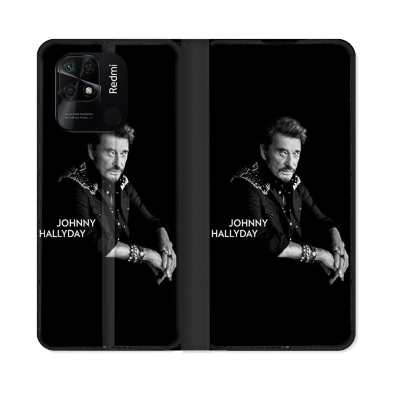 Housse cuir portefeuille Pour Xiaomi Redmi 10C Musique Johnny Hallyday Noir