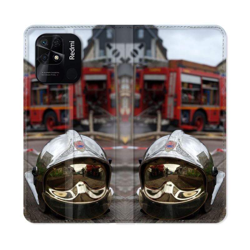 Housse cuir portefeuille Pour Xiaomi Redmi 10C Pompier Casque Camion