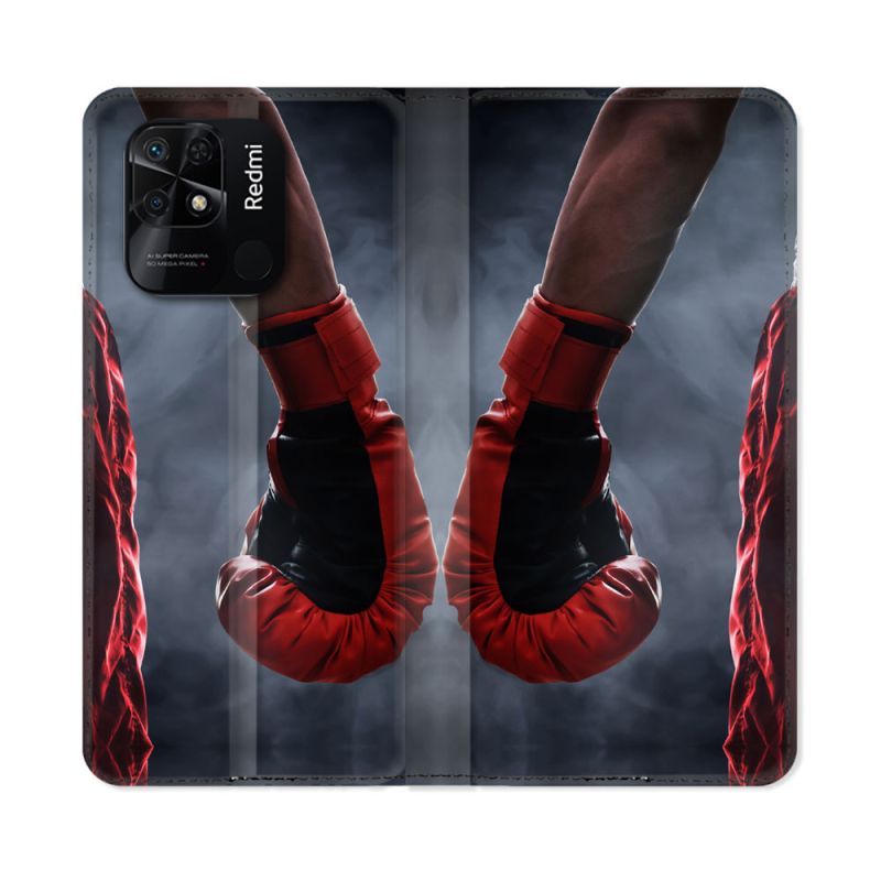 Housse cuir portefeuille Pour Xiaomi Redmi 10C Sport Boxe Gant Rouge