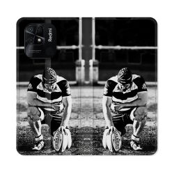 Housse cuir portefeuille Pour Xiaomi Redmi 10C Sport Rugby Noir Blanc