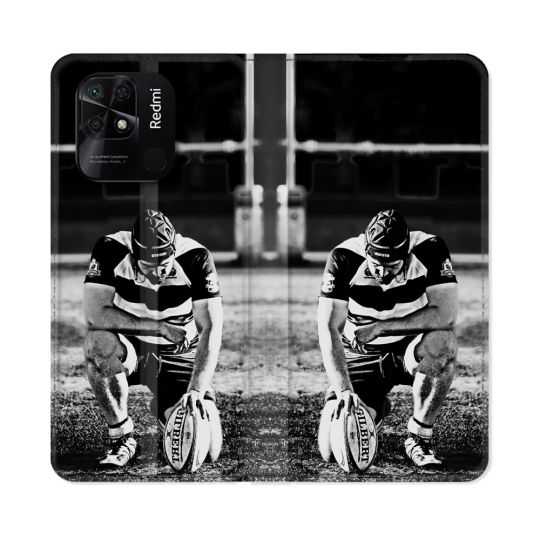 Housse cuir portefeuille Pour Xiaomi Redmi 10C Sport Rugby Noir Blanc