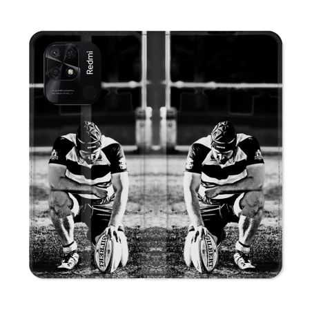 Housse cuir portefeuille Pour Xiaomi Redmi 10C Sport Rugby Noir Blanc