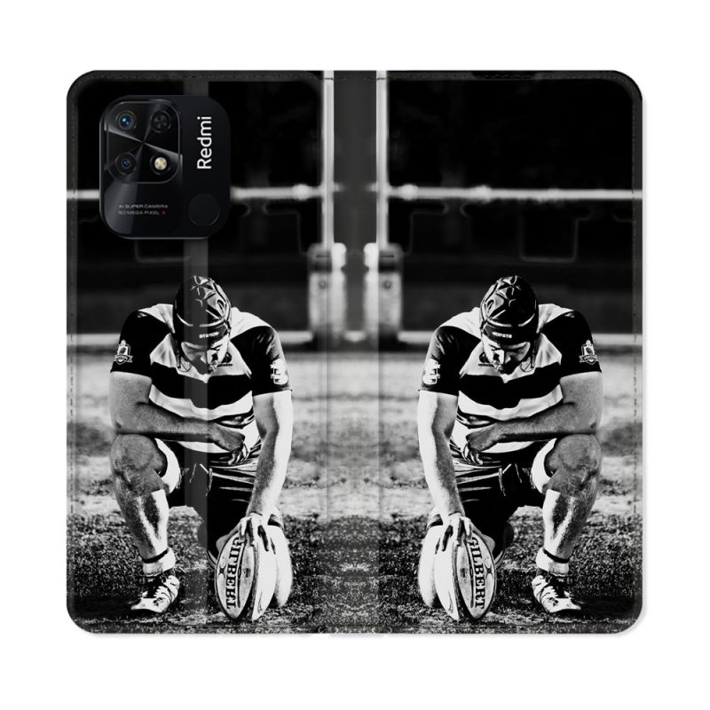 Housse cuir portefeuille Pour Xiaomi Redmi 10C Sport Rugby Noir Blanc