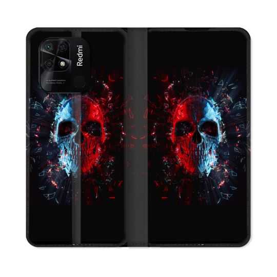 Housse cuir portefeuille Pour Xiaomi Redmi 10C Tete de Mort Deflagration