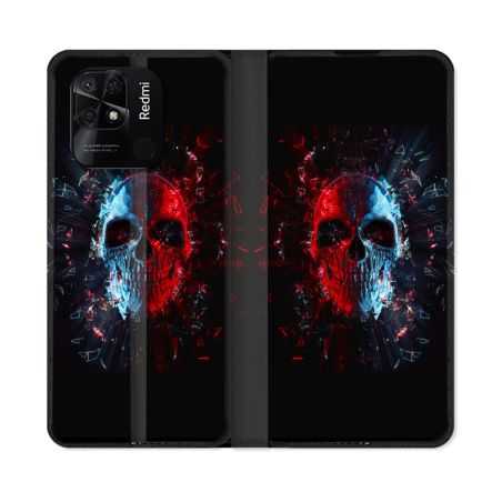 Housse cuir portefeuille Pour Xiaomi Redmi 10C Tete de Mort Deflagration