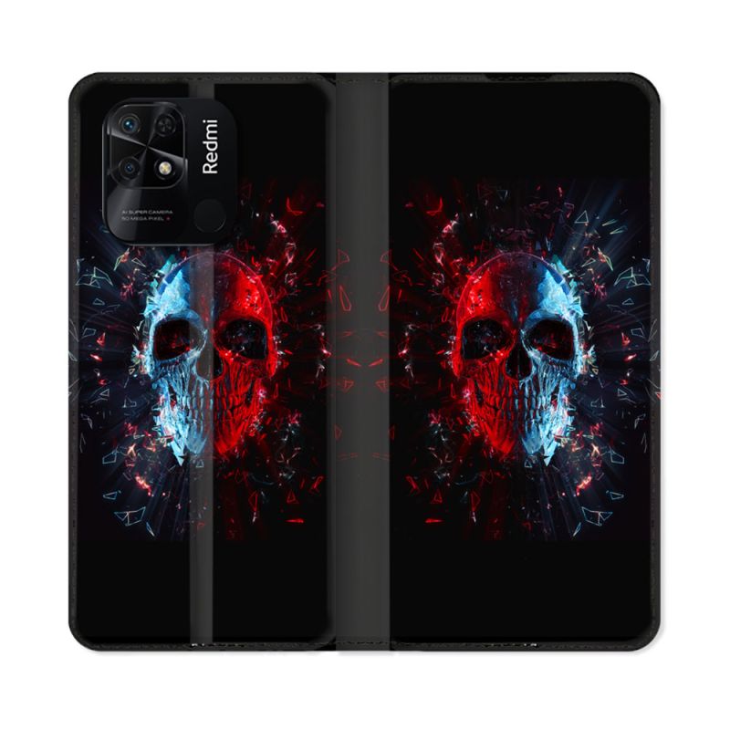 Housse cuir portefeuille Pour Xiaomi Redmi 10C Tete de Mort Deflagration