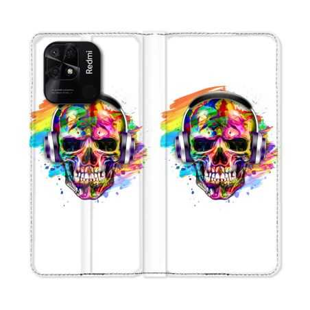 Housse cuir portefeuille Pour Xiaomi Redmi 10C Tete de Mort Tag