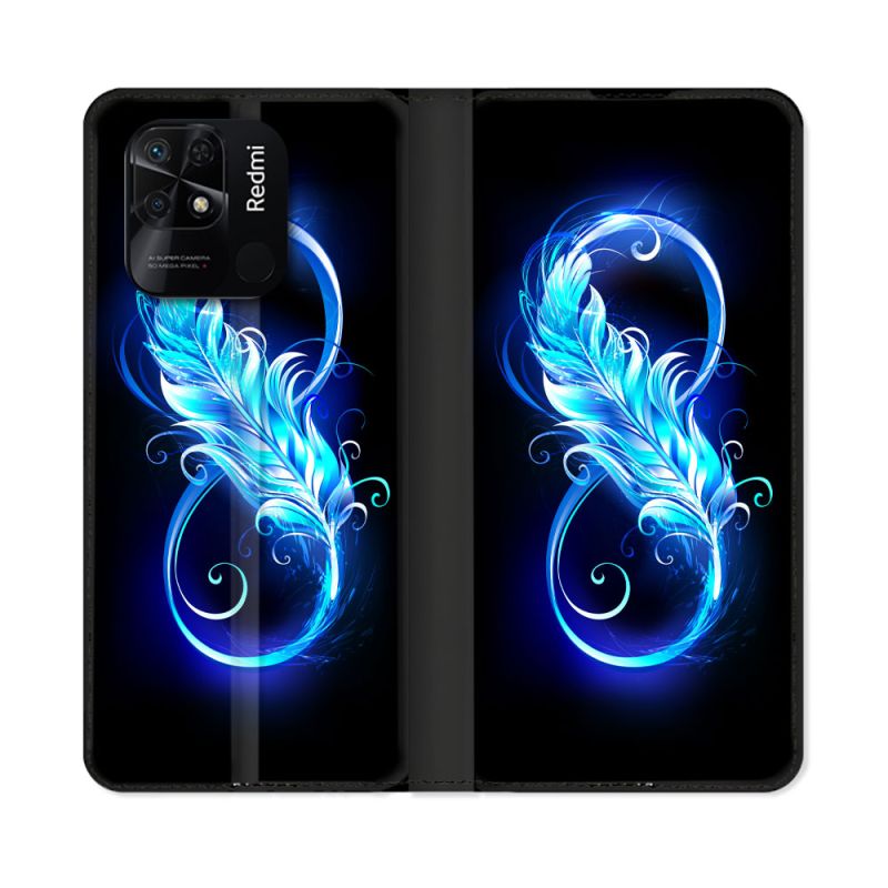 Housse cuir portefeuille Pour Xiaomi Redmi 10C Texture Plume Infini Bleu