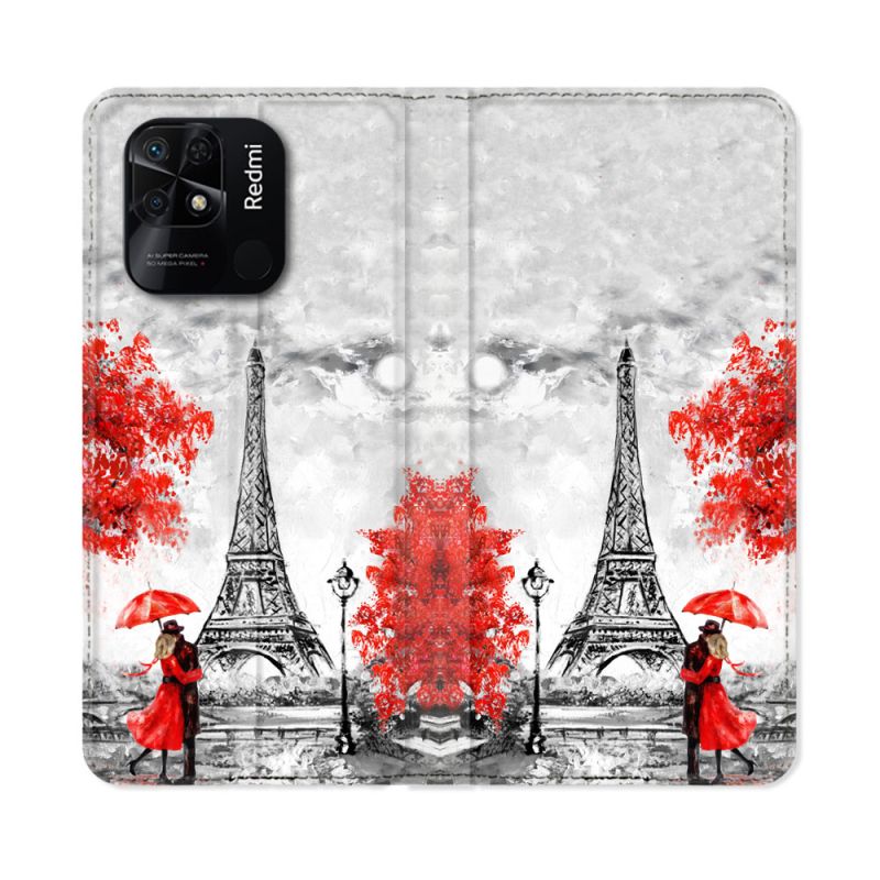 Housse cuir portefeuille Pour Xiaomi Redmi 10C Voyage France Paris Rouge
