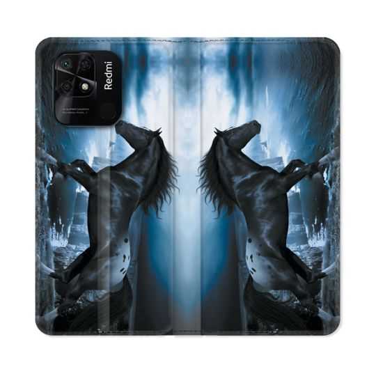 Housse cuir portefeuille Pour Xiaomi Redmi 10C Animal Cheval Noir