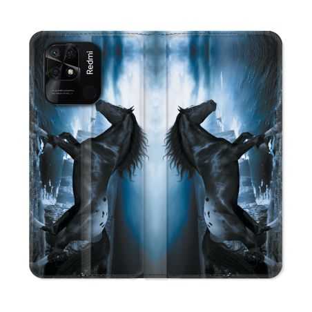 Housse cuir portefeuille Pour Xiaomi Redmi 10C Animal Cheval Noir
