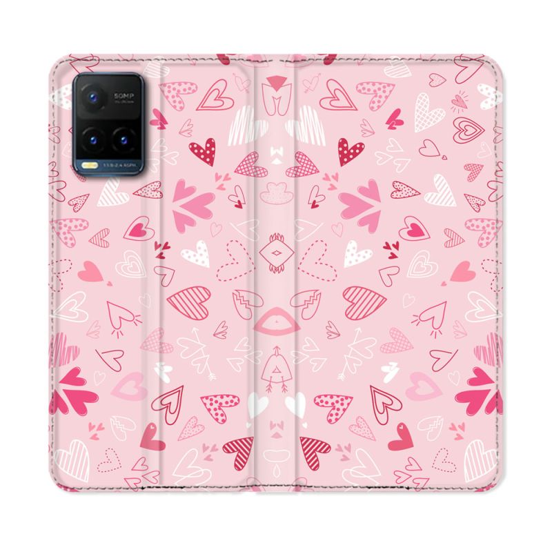 Housse cuir portefeuille Pour Vivo Y21 / Y21S / Y33S Amour Ptis Coeurs