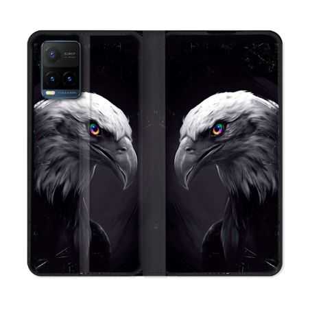 Housse cuir portefeuille Pour Vivo Y21 / Y21S / Y33S Animal Aigle Royal Noir