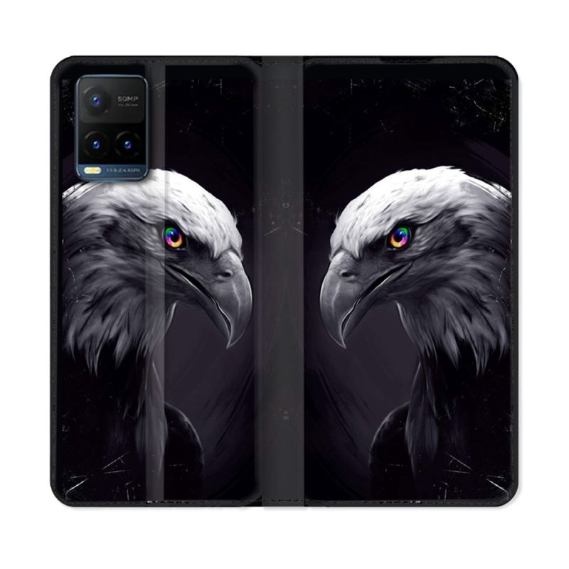 Housse cuir portefeuille Pour Vivo Y21 / Y21S / Y33S Animal Aigle Royal Noir