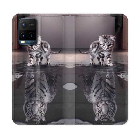 Housse cuir portefeuille Pour Vivo Y21 / Y21S / Y33S Animal Chat Reflet