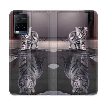 Housse cuir portefeuille Pour Vivo Y21 / Y21S / Y33S Animal Chat Reflet